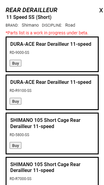 Screenshot of the feature of PartCharts.bike to buy bicycle parts